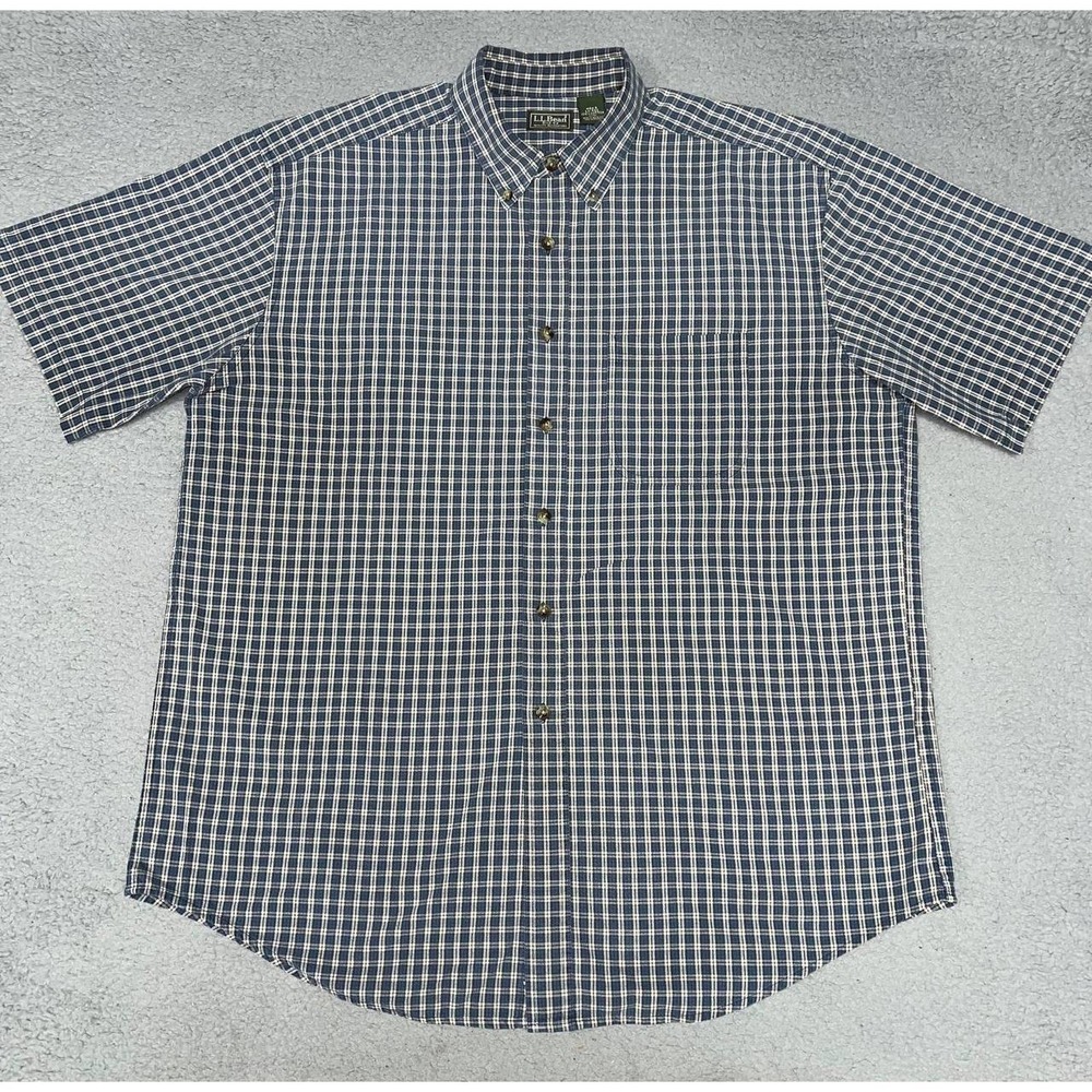 LL Bean Shirt Men's Size L Blue Gingham Plaid Flannel Short Sleeve Button Down